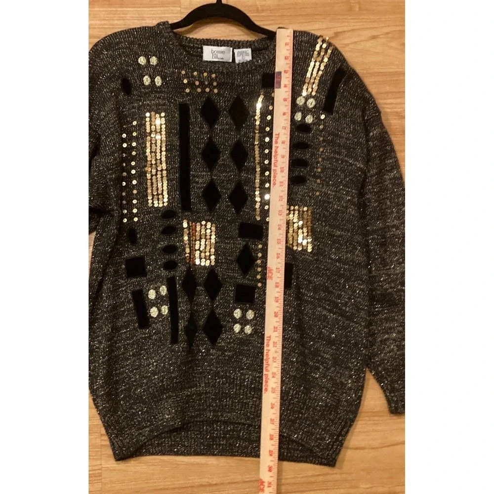 Vintage 80s Bonnie Bill Women L Black Sequin Velvet Geometric Knit Sweater Party